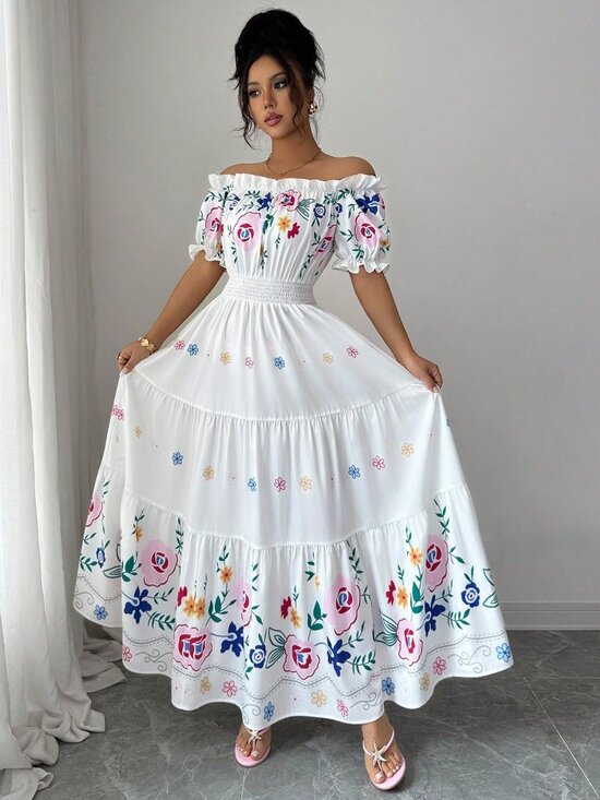 Dresses & Skirts - Multicolor Boho Women's off-Shoulder Puff Sleeve Floral Print Maxi Dress